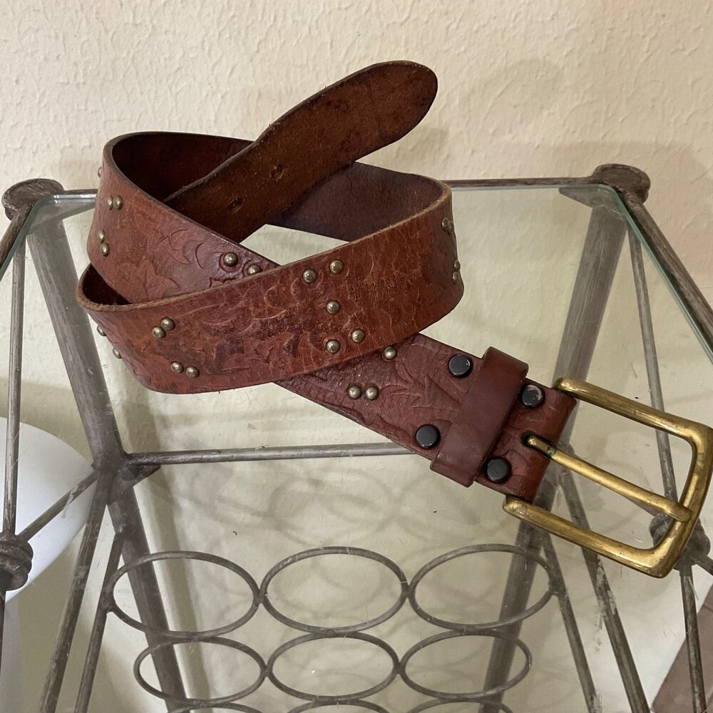 Brighton Boho Belt Brown S /28 Leather Studded Tooled Grommet Vintage Y2K